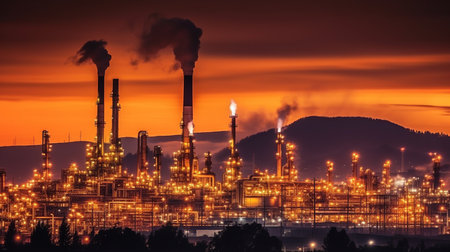 A night shot of a large oil refinery with billows of smoke filling the air, creating an ominous scene.の素材