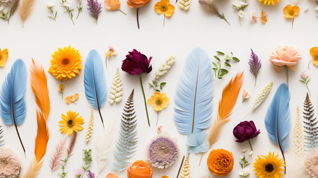 Collection of various colored feathers and vibrant flowers arranged in a playful manner, creating a visually striking flat lay.の素材