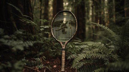 Abandoned lone tennis racket leaning against a tree trunk amidst lush greenery in a forest setting.の素材