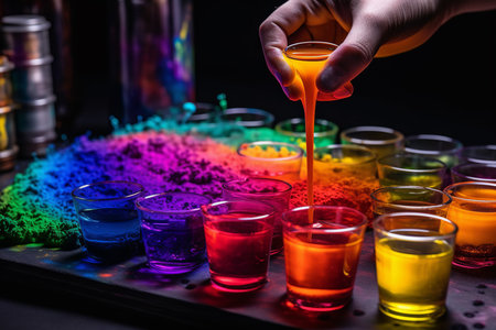 Suspicious laboratory scene. Multicolored beakers, hand pours the liquid into a glass.の素材