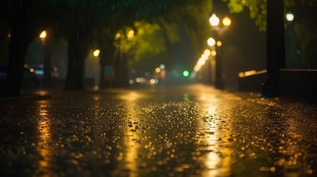 Rain at night. Street with wet surface, illuminated by street lights, with trees in background.の素材