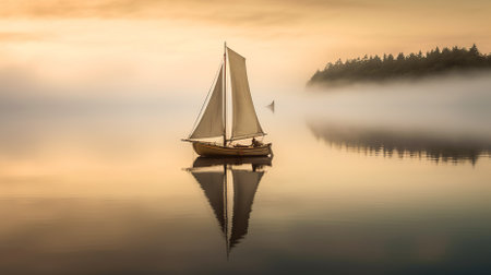A sailboat drifts in the mist on a serene lake surrounded by fog, creating a tranquil atmosphere.の素材
