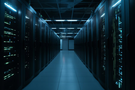 Server racks in computer network room data center.の素材