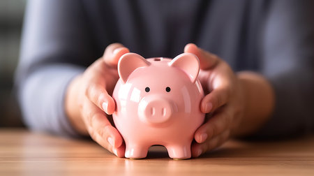 Woman hand holding piggy bank, saving money wealth and financial concept. Investment planning.の素材
