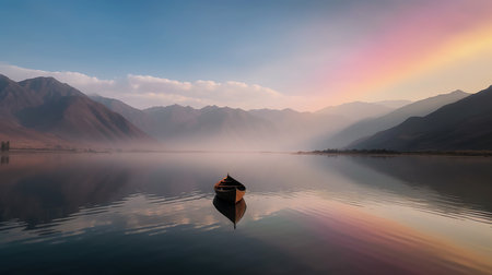Canoe drifting on the lake at sunset. Serenity concept.の素材