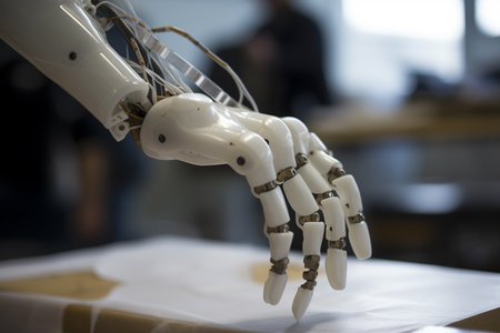 A robotic hand reaches out to grasp a piece of paper.の素材