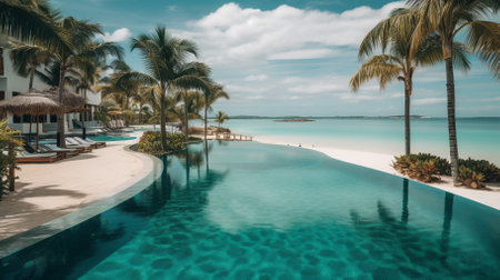 Large Swimming Pool Surrounded by Palm Trees at the beach.の素材