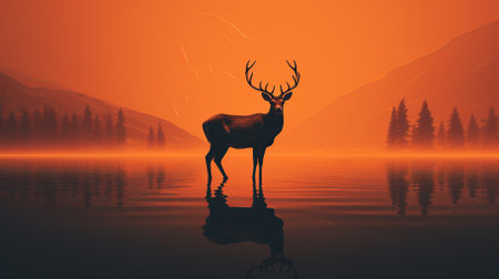 A deer stands in the center of a lake.の素材