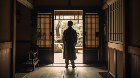 A man stands in front of a dimly lit doorway in a dark room.の素材