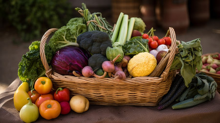 A wicker basket overflowing with various colorful and fresh vegetables.の素材