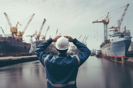 Rear view of an engineer holding his head against a background of cargo ships.の素材