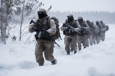 A group of soldiers in Arctic gear walking through snowy terrain.の素材
