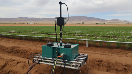 Modern machine implementing irrigation in the middle of a dirt field.の素材