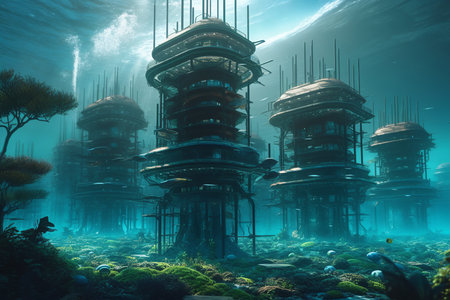 A futuristic city under the sea, surrounded by water with advanced technology.の素材