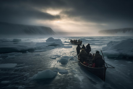 An Arctic expedition. Explorers rowing in a boat on the water.の素材