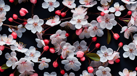 A collection of pink and white flowers arranged on a dark black background in a flat lay style.の素材
