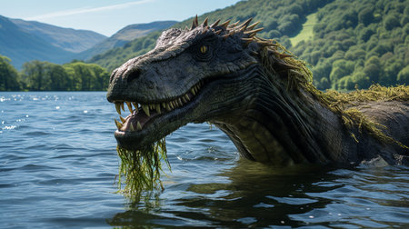 Large dinosaur with open mouth in aquatic environment.の素材