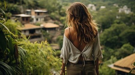 Back view of a girl standing on a lush green hillside.の素材