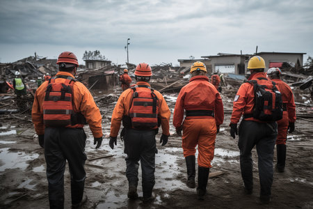 Back view of men in orange and black work clothes, possibly disaster response workers, rescuersの素材