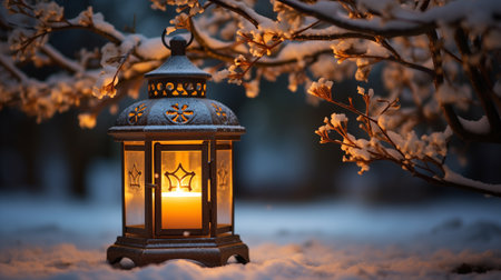 Lit lantern casting warm light under snowy tree branches at dusk.の素材
