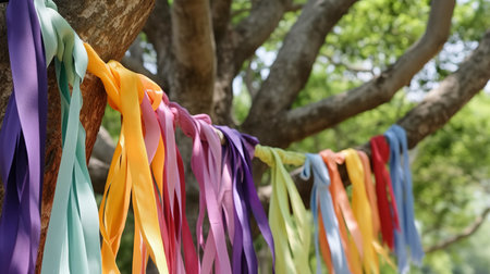 Diverse range of colorful streamers hanging from a tree branch.の素材