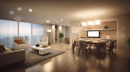 A room filled with various furniture pieces and a large flat screen television.の素材