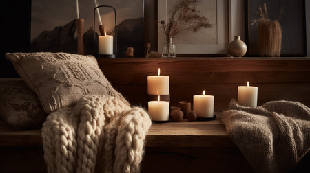 A cozy bed with a blanket and lit candles on top.の素材