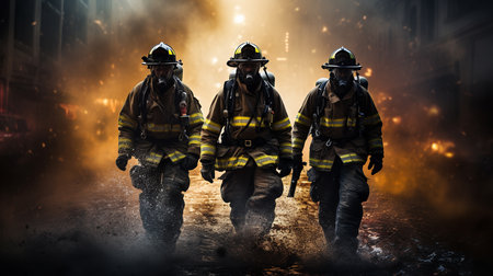 A group of firefighters in uniform walking confidently down a city street.の素材