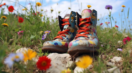 A pair of vibrant clown shoes resting on a field of colorful wildflowers.の素材
