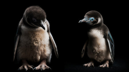 A couple of penguins standing next to each other on ice.の素材