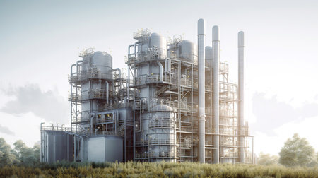 A large industrial facility featuring multiple pipes and tanks for processing and storage.の素材