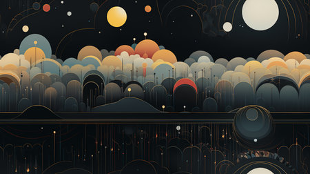A painting depicting a night sky filled with numerous clouds.の素材