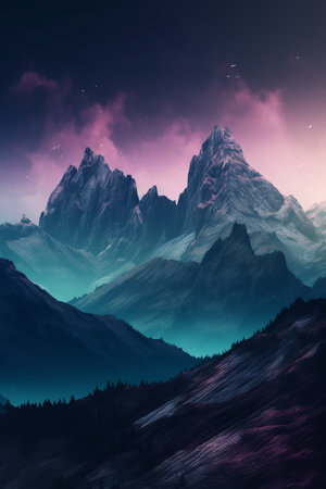 A majestic mountain range under a starlit night sky, capturing the beauty and grandeur of nature.の素材