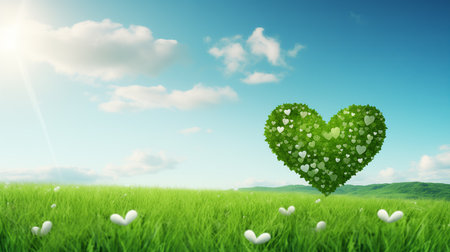 Green heart shaped tree positioned in the middle of a grassy field with a clear sky backgroundの素材