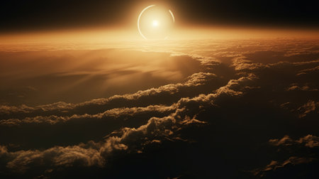 Solar eclipse with diamond ring effect on sky. Serenity clouds background. View from plane conceptの素材