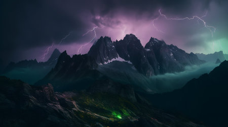 Mountain range under cloudy night sky with lightning, capturing the beauty and grandeur of nature.の素材