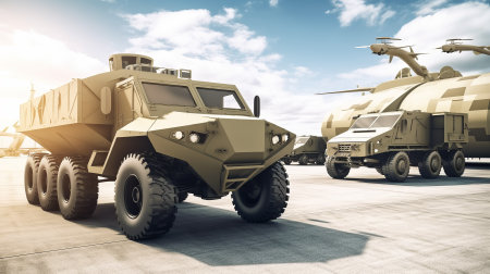 Array of military vehicles parked orderly in a large parking lot.の素材