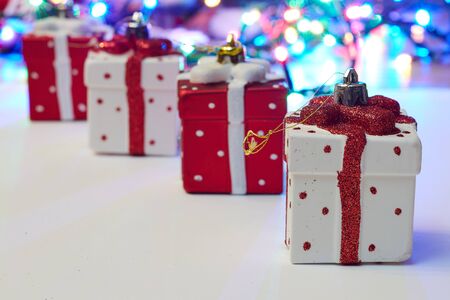 Christmas background white lights and xmas ornamentsの写真素材