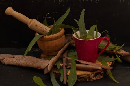 eucalyptus medicine tea over woodの写真素材