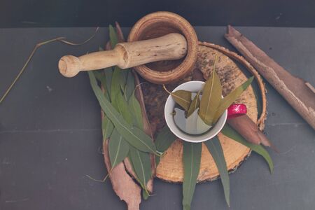 eucalyptus medicine tea over wood