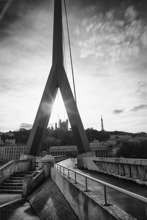 Cathedrale de France fourviere behind the bridgeの写真素材