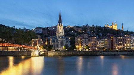 Panoramic view of blue hour with Lyon France Saone river
