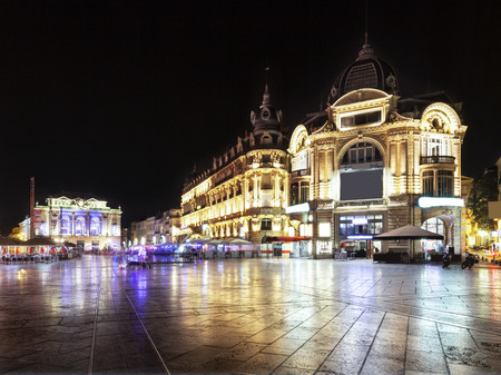 Place de la comdie in Montpellier at night, Franceのeditorial素材