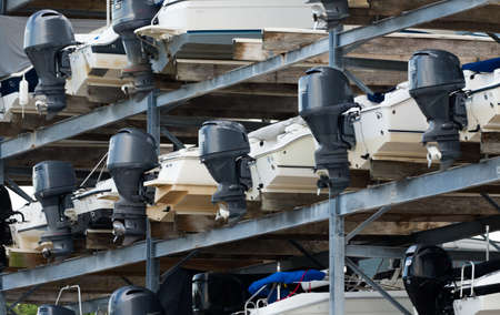 A huge rack of boats in storage stacked up in a marina near Charleston, South Carolina.の写真素材