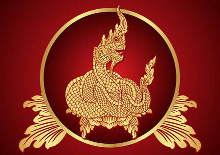 Thai Dragon or King of Naga, Lanna art graphic gold vector. thailand red frame background.のイラスト素材