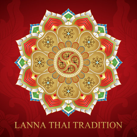 Lanna Thai Art Trandition, gold circle with north of thailand line floral (Lanna Style)のイラスト素材