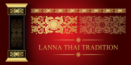Lanna Thai Art Trandition, North of thailand line floral with
pillar (Lanna Style)のイラスト素材