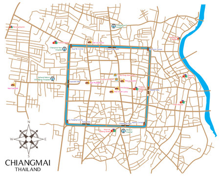 Chiangmai down town map. landmarks, name of main road and sub road.のイラスト素材