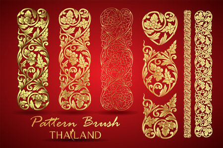 Thai Art, Gold border or stroke with north of thailand line floral. Pattern Brushのイラスト素材