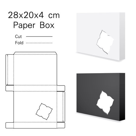 Clear Folding Carton Box with diecut for Design, Detail, Banner, Background. White Handle Package Template isolated on white and black. Retail pack with dieline for your brand on iのイラスト素材